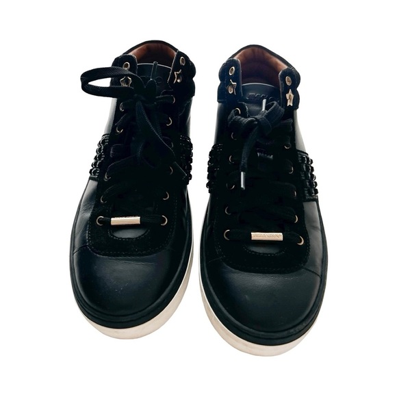 JIMMY CHOO Black Leather and Crystal Studded Suede Bells Lace Up Sneakers Sz 9.5 - Picture 4 of 7